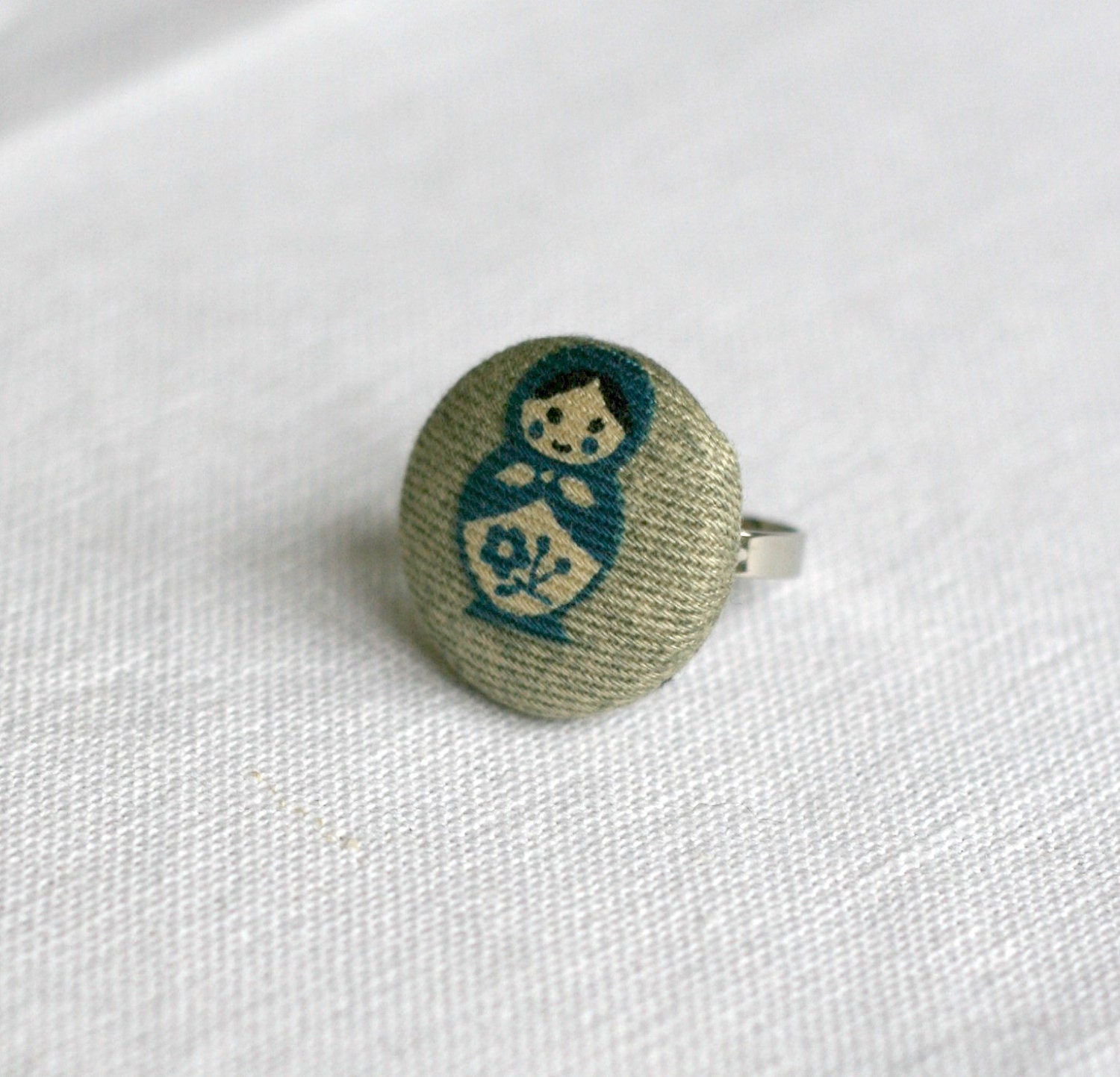 Blue Russian Doll Fabric Covered Button Ring
