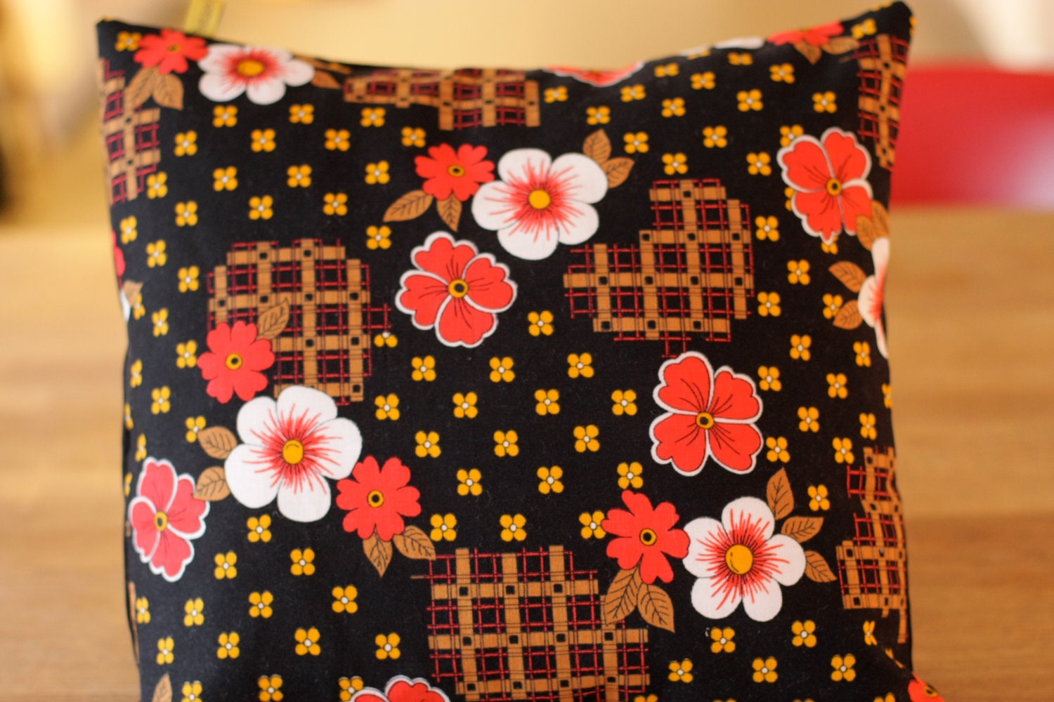 Scandinavian 1970s Vintage Fabric Retro Cushion Cover Black with Bright Red Flowers