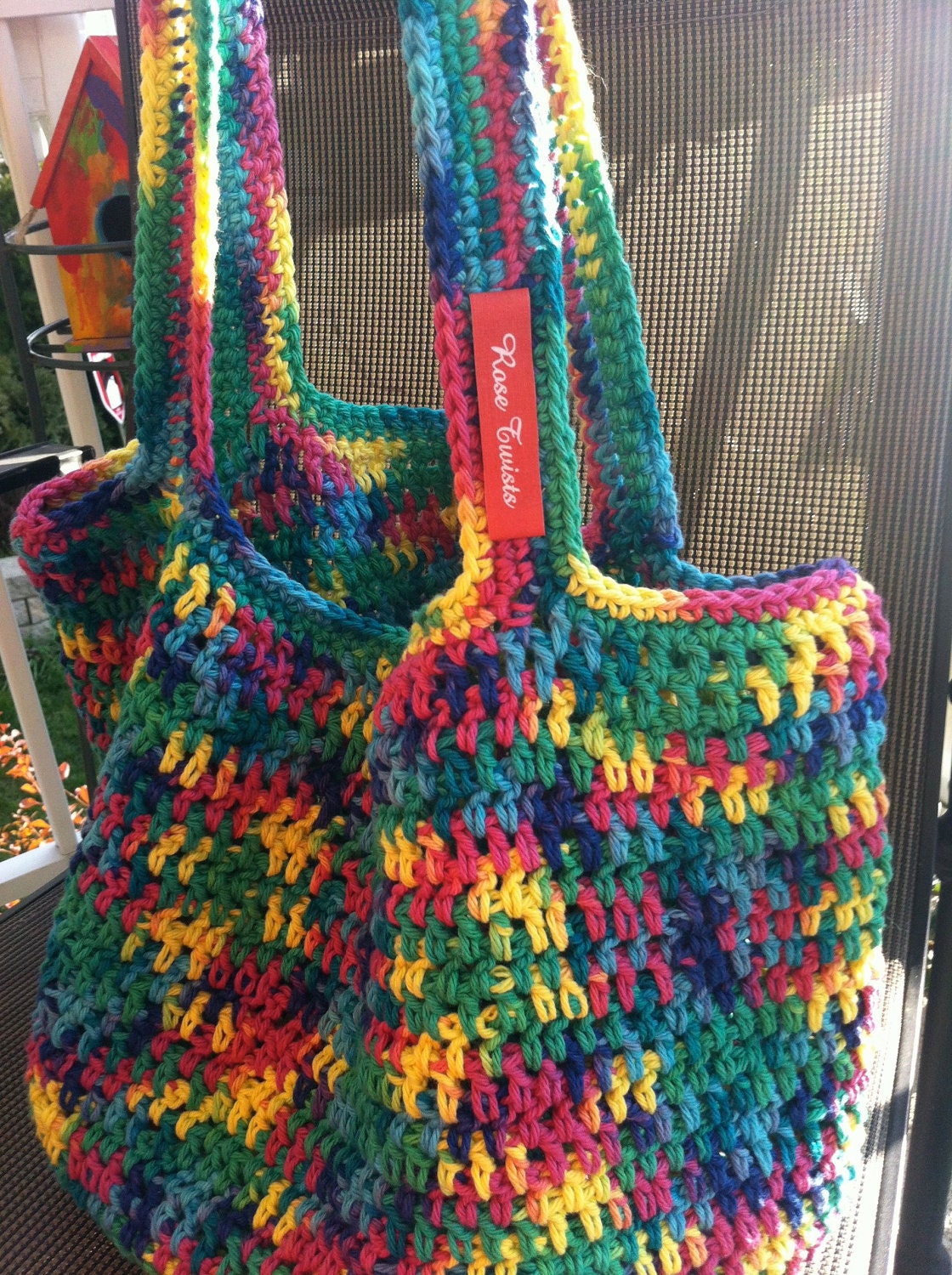 Crochet Farmer's Market/Grocery Tote Bag - 100% Cotton Bright Fun Multicolour