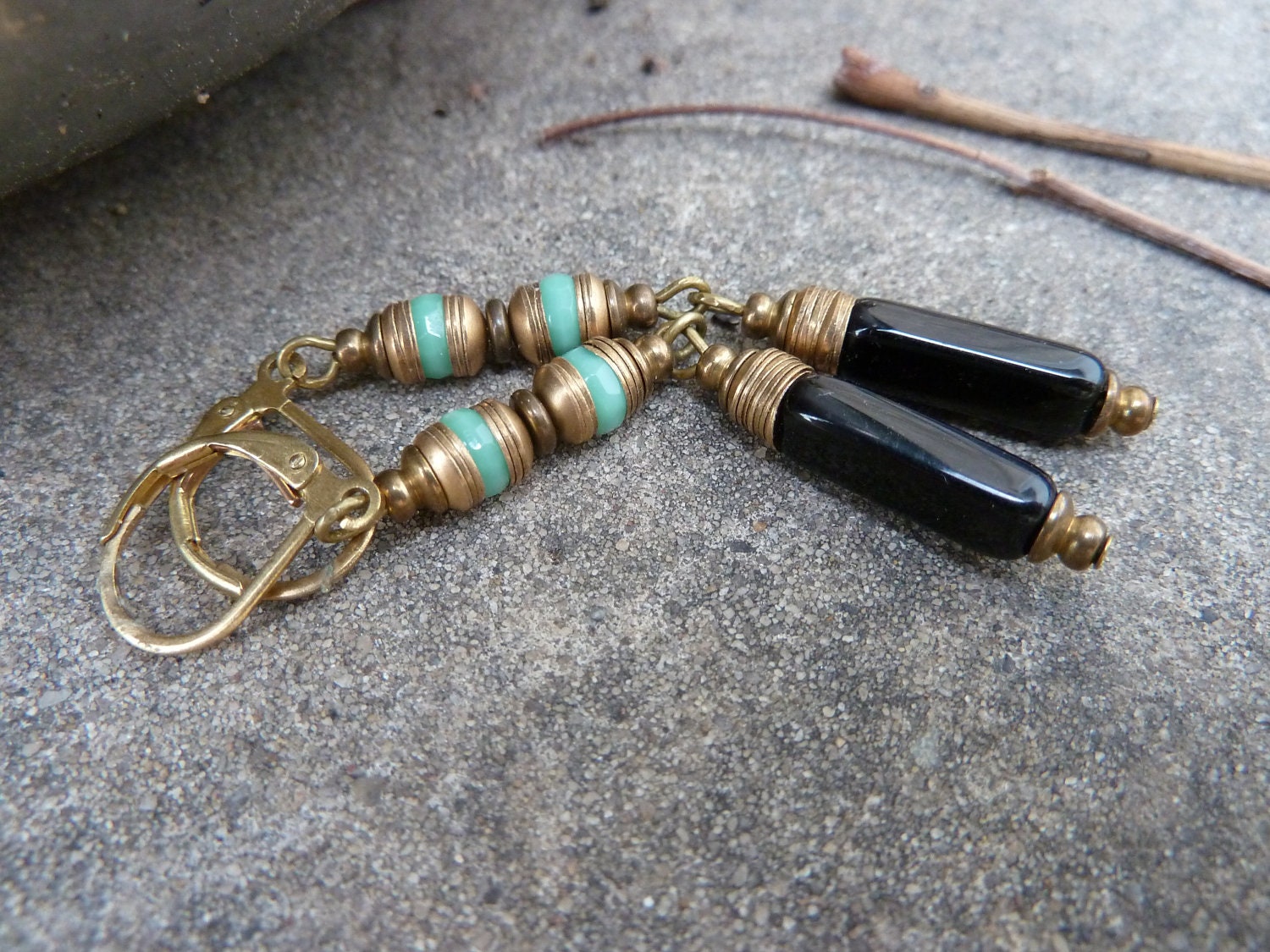 Boho Style Dangle Earrings, Raw Brass Metal, Turquoise Blue Czech Glass Beads, Czech Black Rectangle Beads, Art Deco inspired jewelry