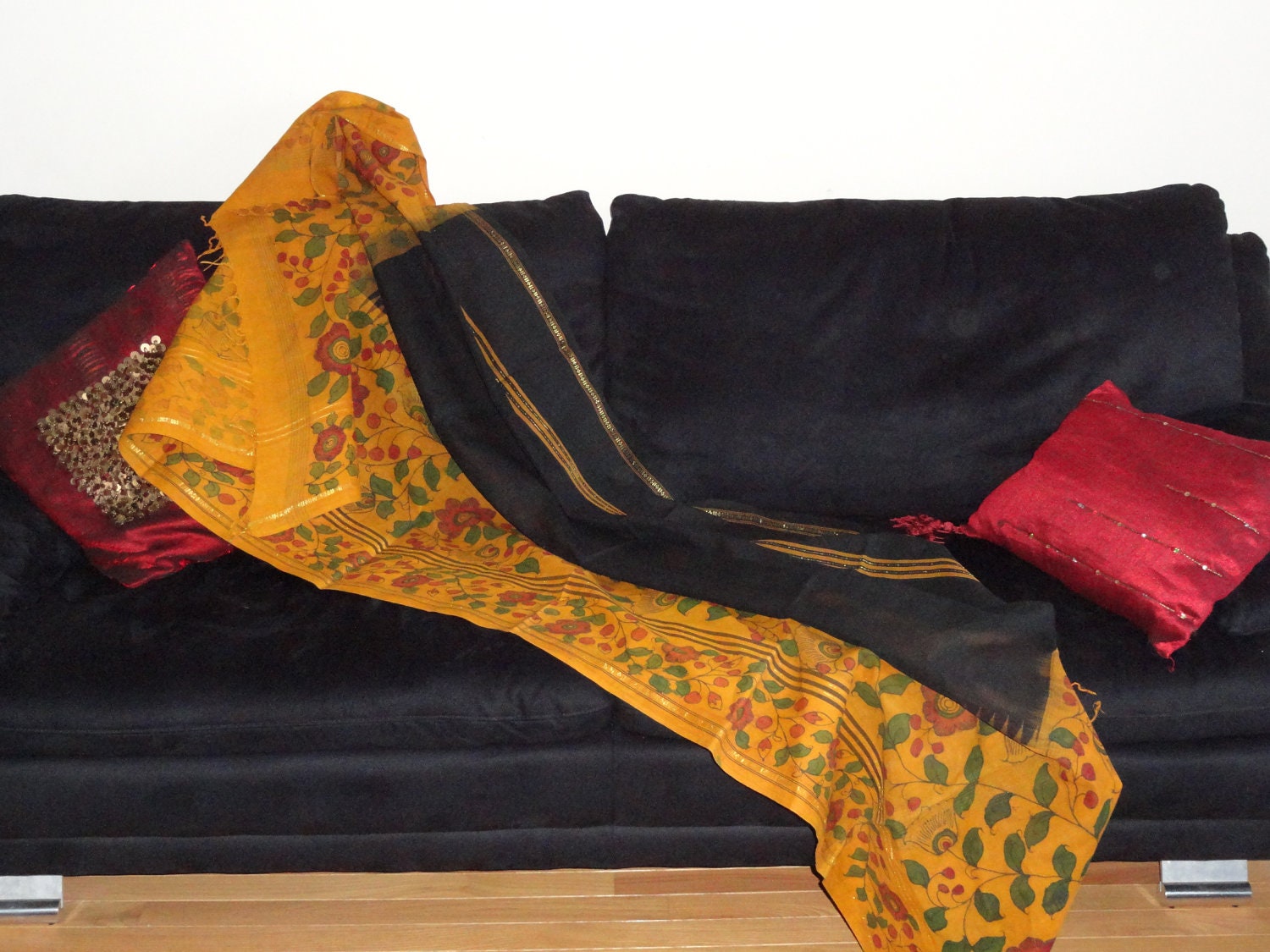 Yellow black home décor, Christmas gift sofa throw, December finds indian throw, holiday sale hand painted throw , ethnic gift. Artikrti