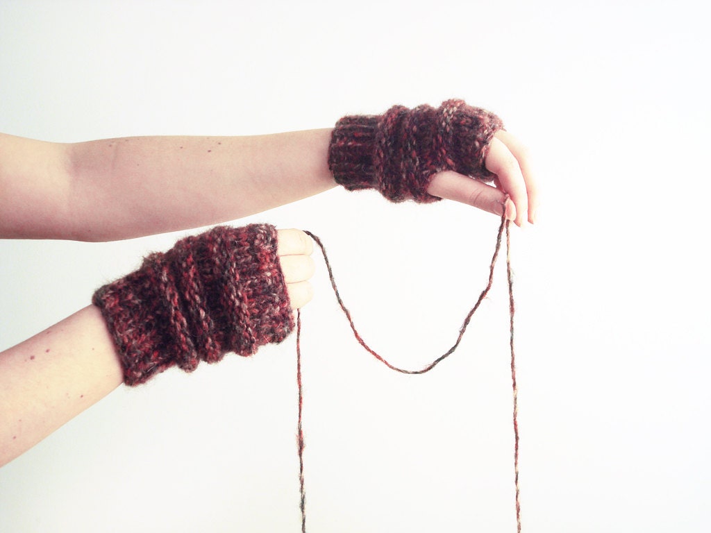 Women fingerless mittens - bordeaux knit gloves - hand warmers - alexmalexdesigns