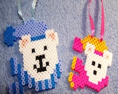 HOLIDAY ORNAMENTS - Set of 2 Christmas Bear Bead Ornaments - Perler Beads - Blue - White - Pink - Yellow
