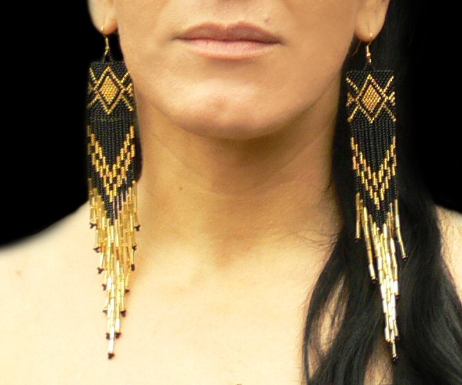 Extra Long Earrings. Gold and Black Earrings.  Native American Beaded Earrings Inspired. Shoulder Dusters. Beadwork