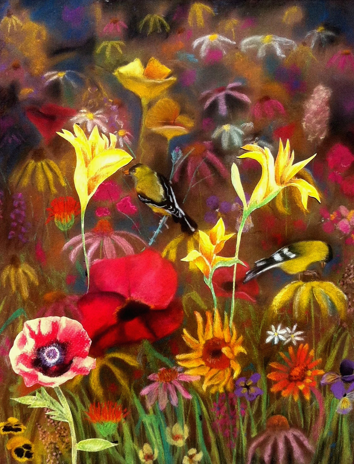 Fine art print bird and flower garden