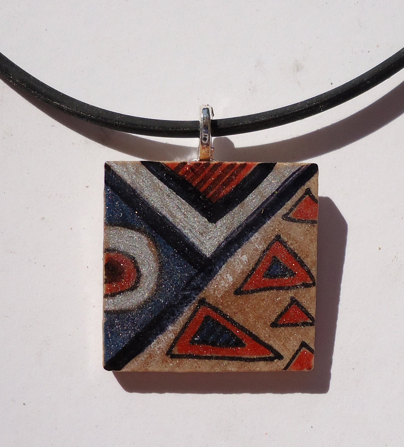 Modern Gator, navy blue grey and orange, silver gray, Handmade one of a kind wooden square pendant, hand painted wood pendant