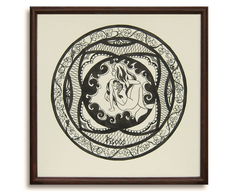 Pisces Zodiac Sign Framed Original Pen And Ink Drawing 14" x 14" Illustration Fine art by Valiulina