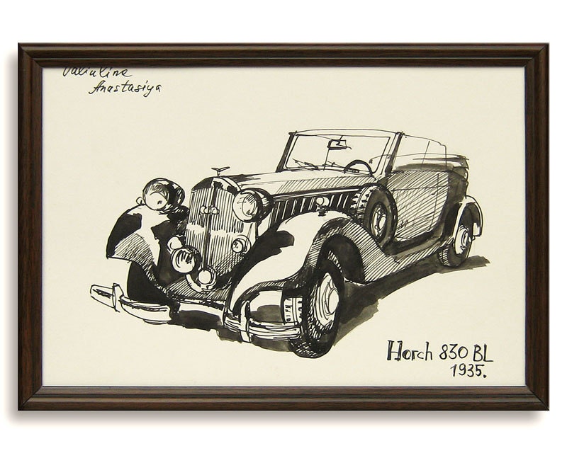 Classic Car Drawing Horch 830 BL, 1935, Framed Original Pen And Ink Drawing 12" x 8" Illustration Fine art by Valiulina