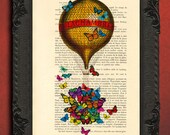 French Hot Air Balloon Art Print - Butterflies Art Print on Dictionary Paper