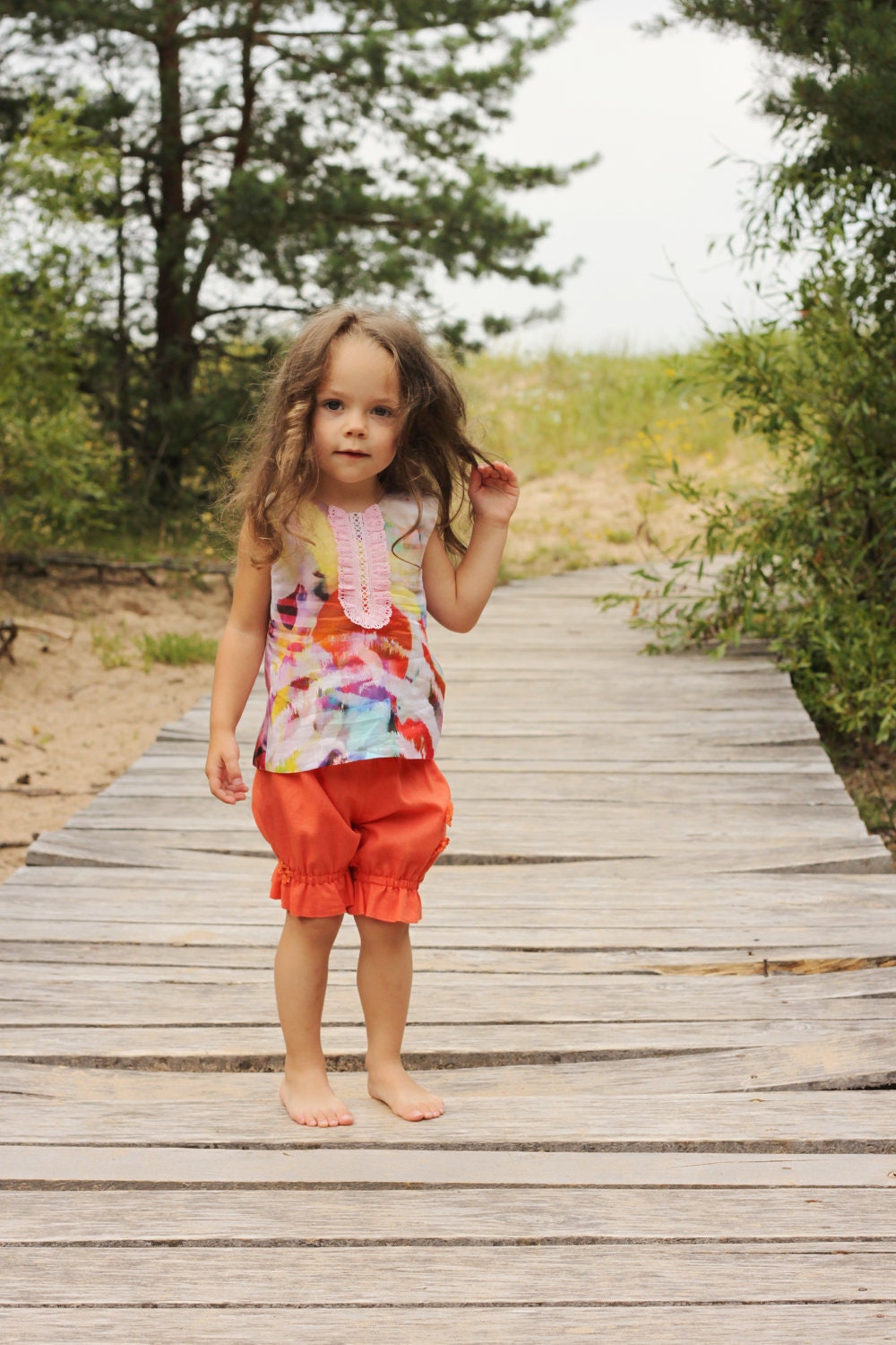 FREE SHIPPINg use coupon code FREESHIP /Girls flower shorts T16 orange linen ruffles summer beach birthday baby special occasion