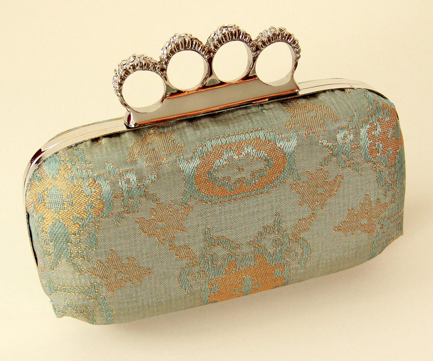 Vintage Aqua Brocade Fabric 4-Finger Clamshell Clutch Audiere