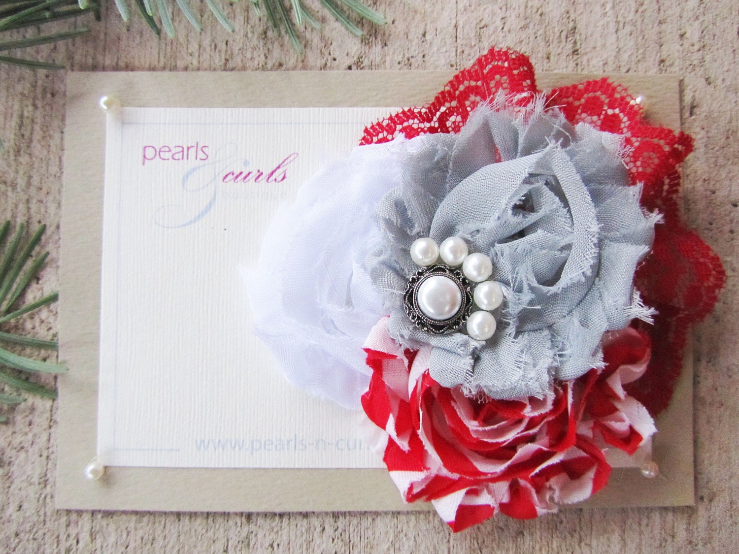 Red White and Gray Shabby Chic flower with Red Lace and Beaded Center - PearlsandCurlsBoutiq