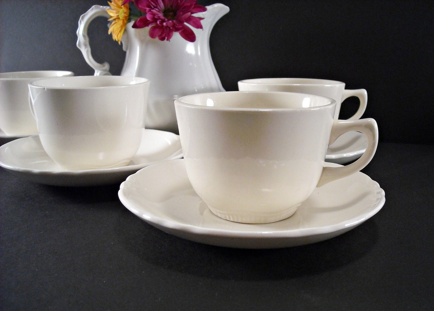 Vintage Ironstone Cup and Saucer Set Four Farm House Cottage