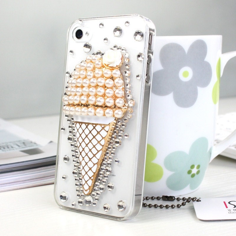 3D Luxury handmade diamond Crystal pearl Ice Cream Cone Clear Hard bling Case cover For iphone 4/4s/5 best gift for girl