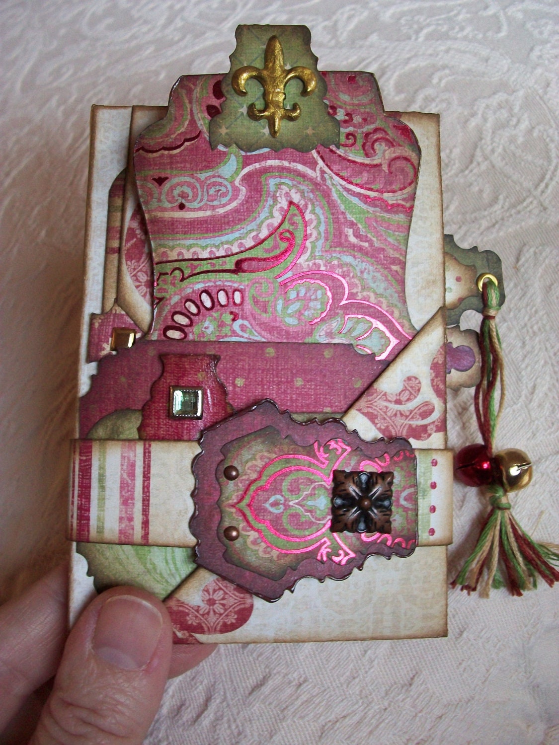 Handmade Holiday Photo Wallet in Cranberry & Green with embossed, glittered and foil decorated cards