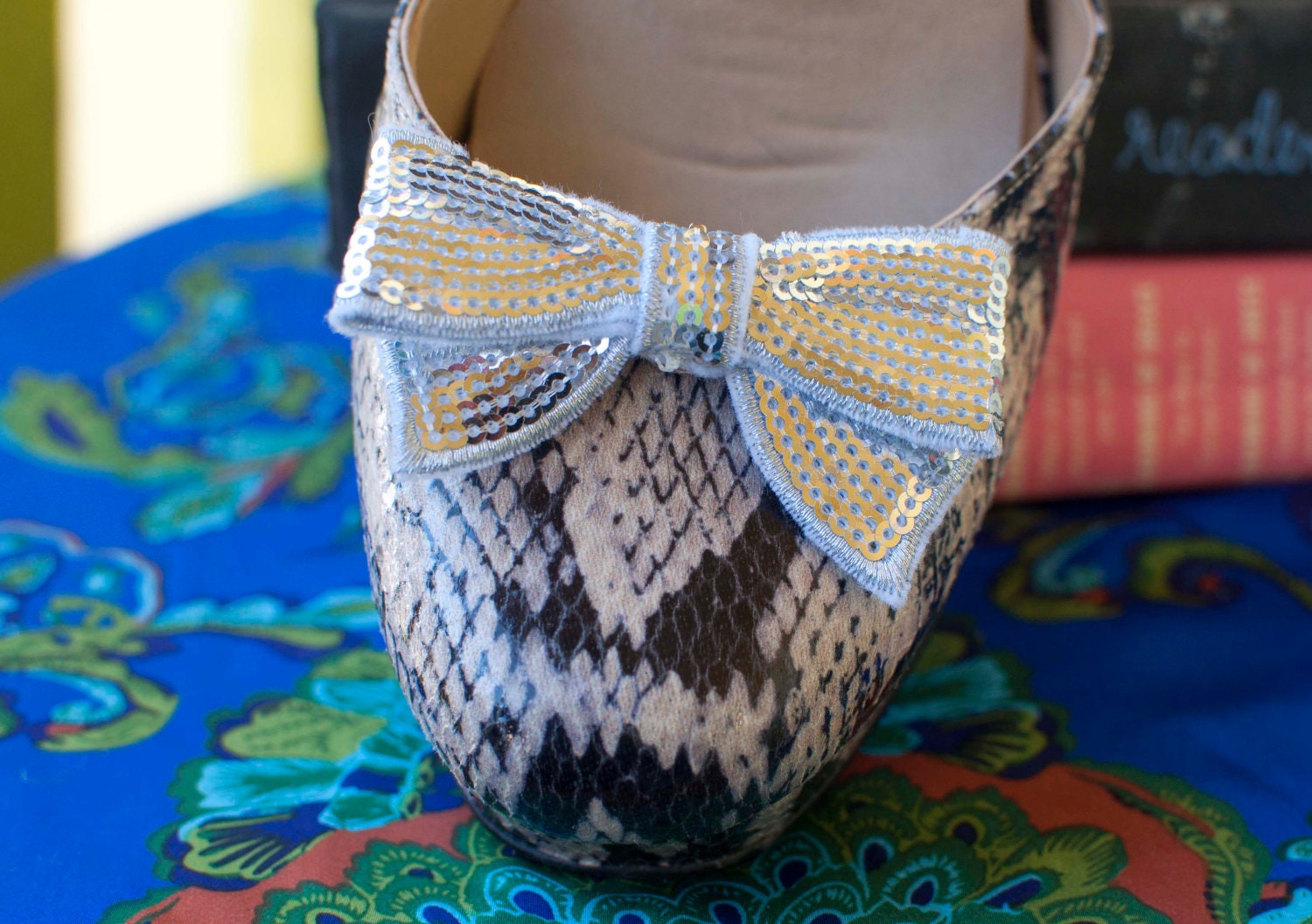 Silver Sequin Bow Shoe Clips