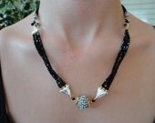 handmade beadwork necklace. art deco style necklace. silver necklace. beaded jewelry necklace. black crystal bead.fine jewelry.