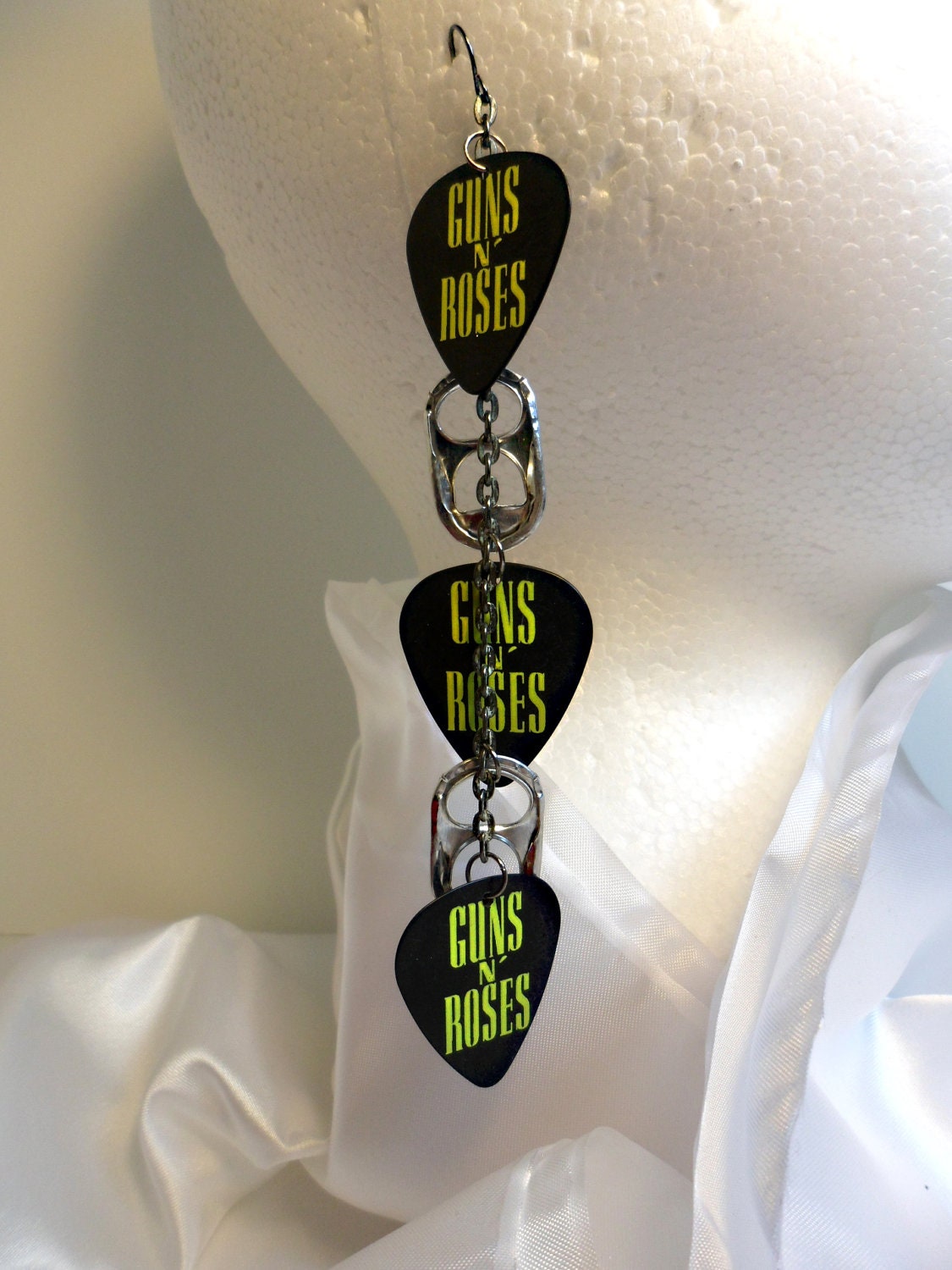 Guns N' Roses Guitar Pick Earrings in Silver, Black, and Lime Green