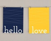 Hello Love Home Decor Art Print -   Navy Blue and Mustard Yellow, 8x10