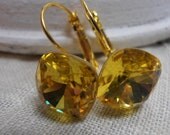 Light Topaz, Swarovski crystal, 12mm Cushion/Fancy cut, Gold tone setting, dangle/drop leverback fashion earrings, jewelry