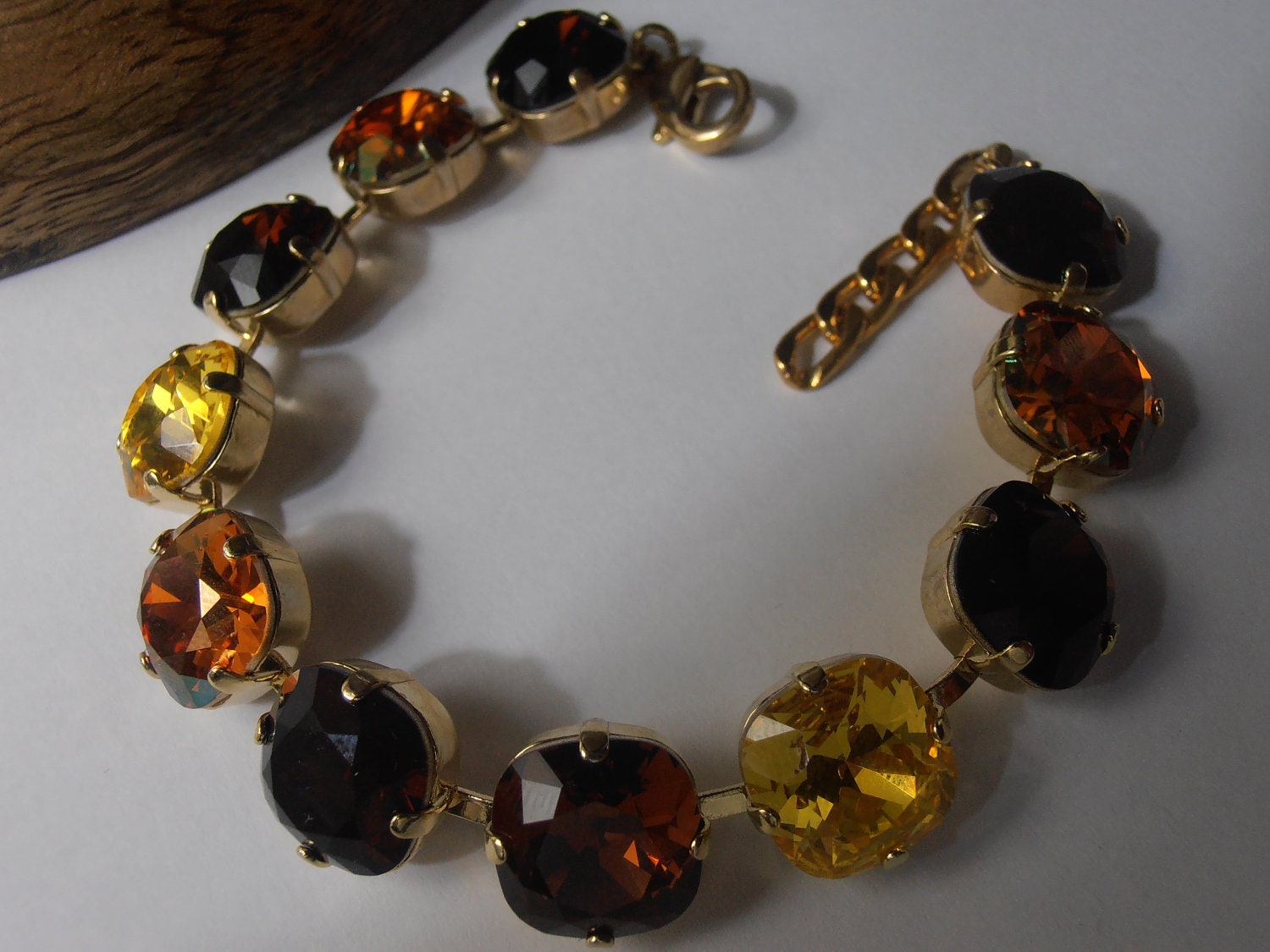 Light Topaz/Mocca/Copper Swarovski crystals, Cushion/Fancy cut, Vintage, 24 karat Gold plated, Anna Wintour inspired, Tennis bracelet