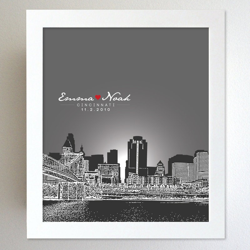 Romantic Present / Cincinnati Ohio Skyline Personalized Present for Couple / Special Date for that Special Someone / Any Cityscape Available