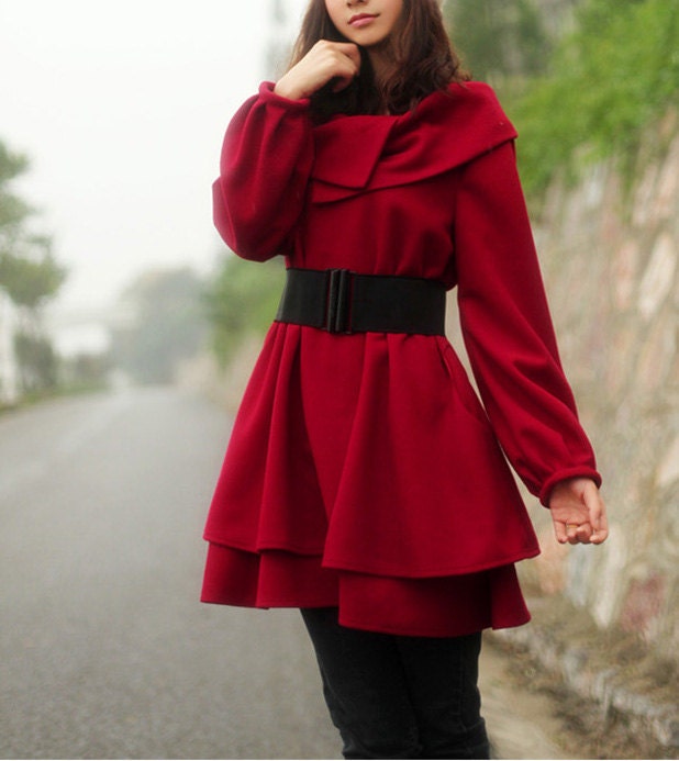 dark red women's Princess style cape Coat jacket with belt autumn winter coat  jacket cute coat dy15 M-XXXL