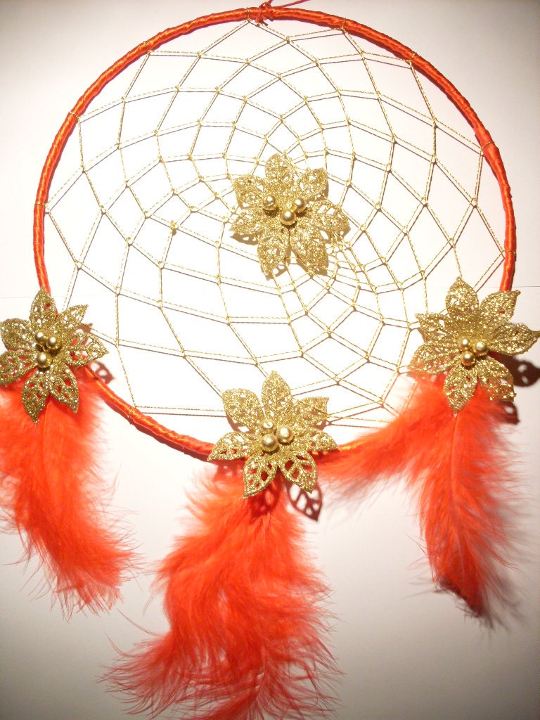 Red Dreamcatcher with Gold Flowers, Unique Colorful Dream Catcher, Tribal and Gypsy style