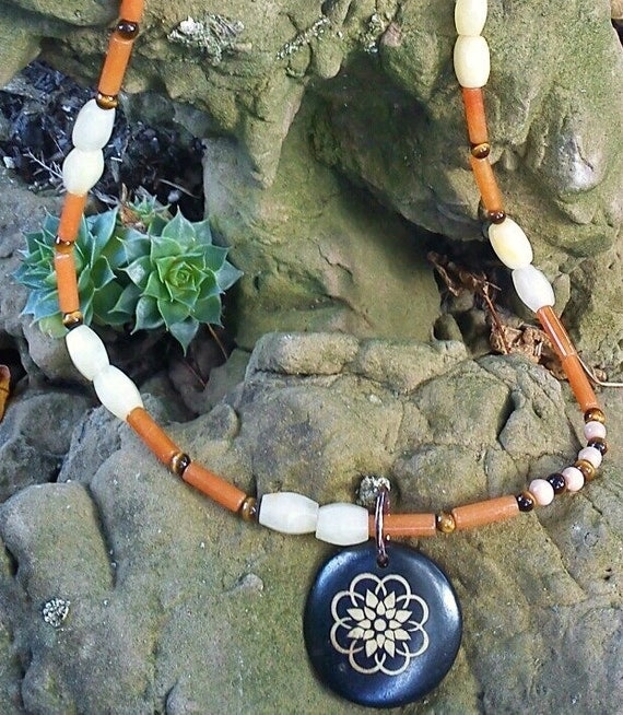 Carnelian, New Jade, Tiger's Eye necklace with ox bone lotus flower pendant