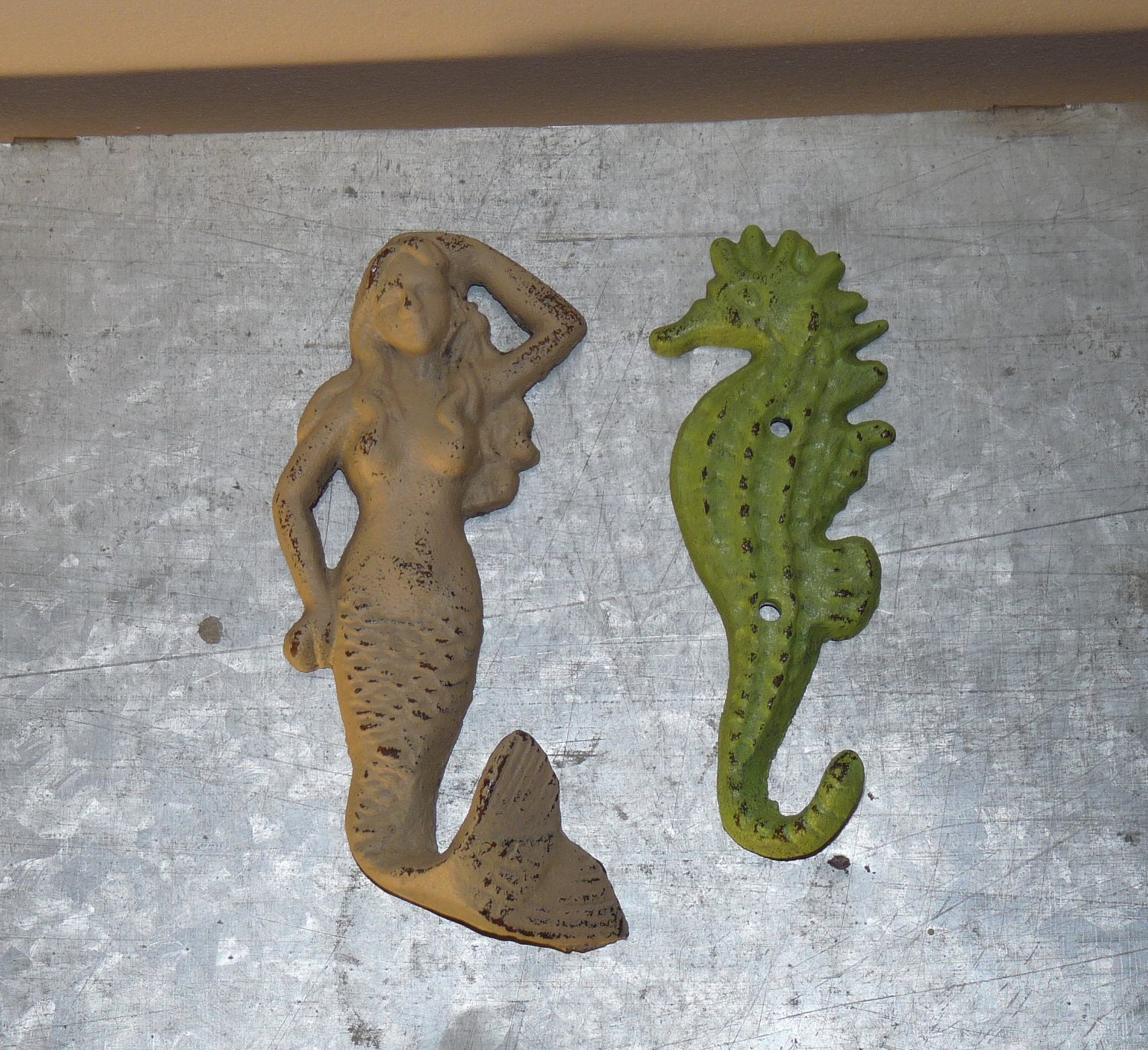 Home Decor, Wall Decor, Wall Hook, Mermaid, Sea Horse, Set of 2 Cast Iron Hook, Beach House Decor, Bath Decor, Jewelry Hanger, Clothing Hook