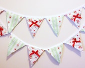 SALE Handmade Bunting - County Cottage. Fresh as the country air using green, blue and a cute rose print.. Embellished with red bows.