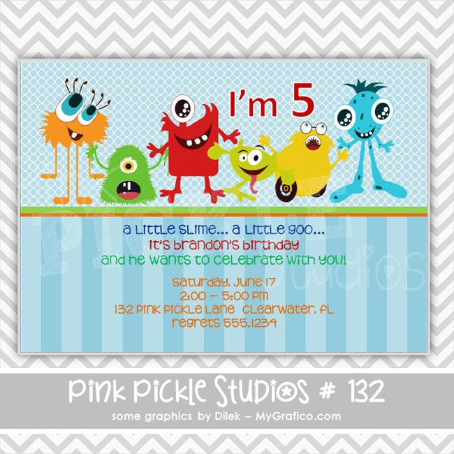 Little Monsters Boy : 132... Birthday Party Invitation OR Thank You Card ...Printable / Digital / You Print / DIY / jpg or pdf