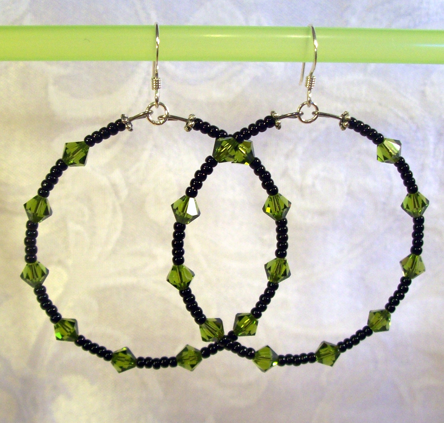 Black and Green Swarovski crystal Hoop Earrings with sterling silver french hooks