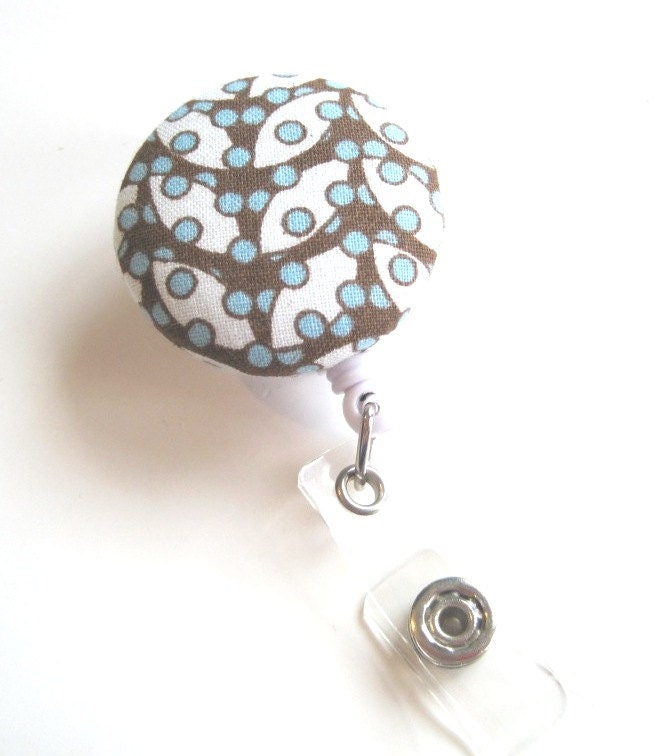 Retractable ID BADGE Reel Holder, Lanyard-Cute Brown Vines, Blue Dots