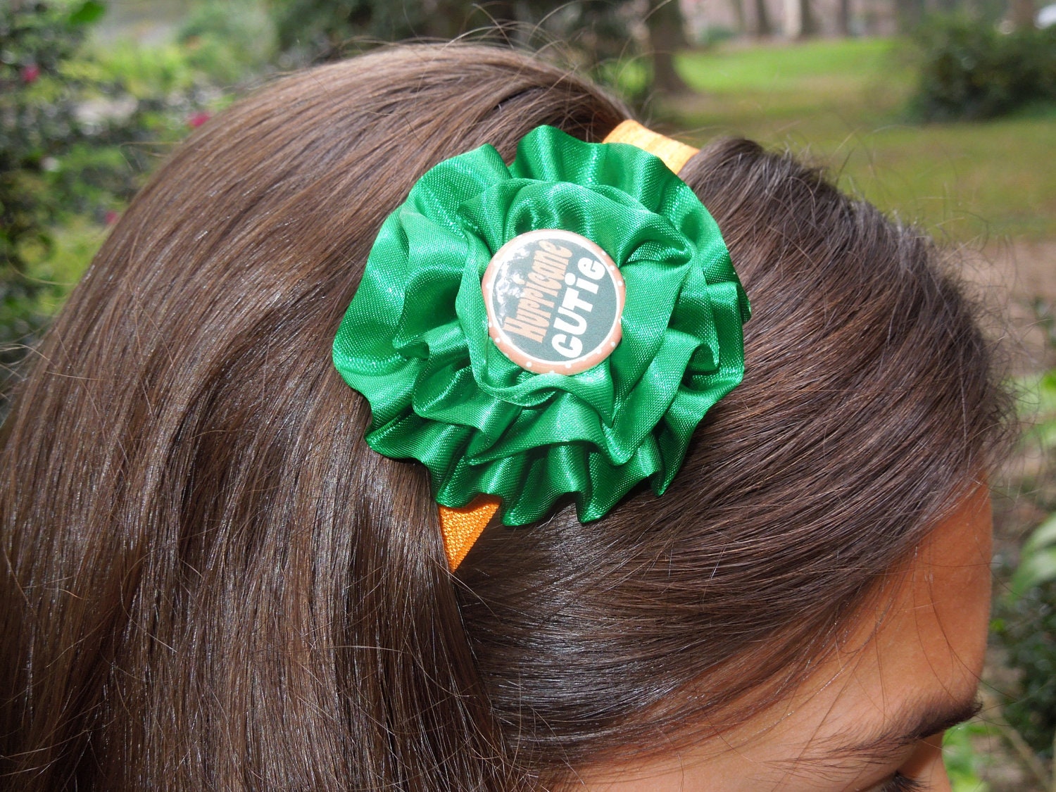 HURRICANE cutie-Miami Hurricanes-UM-5/8'' orange elastic headband-green rosette-HANDMADE-baby-toddler-girl-woman