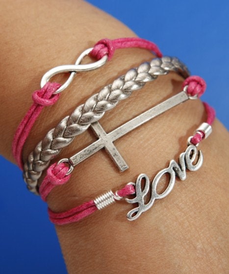 Silver Karma Bracelet Love Bracelet Cross Bracelet Rose Red Wax Cord Grey Braided Leather Bracelet