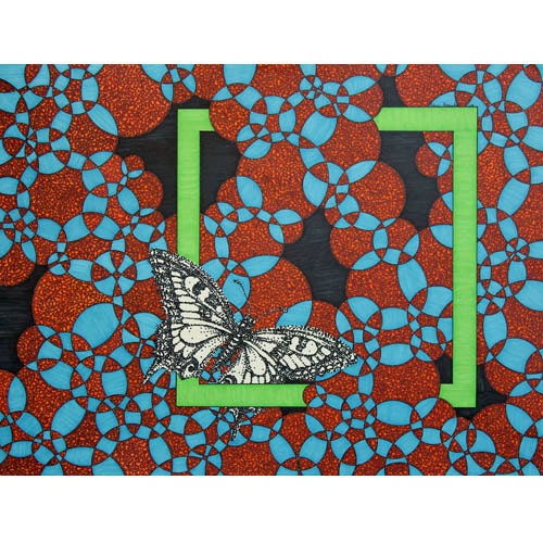 Green Butterfly 8x10 reproduction print red blue artwork nature drawing black orange surreal art stipple insect