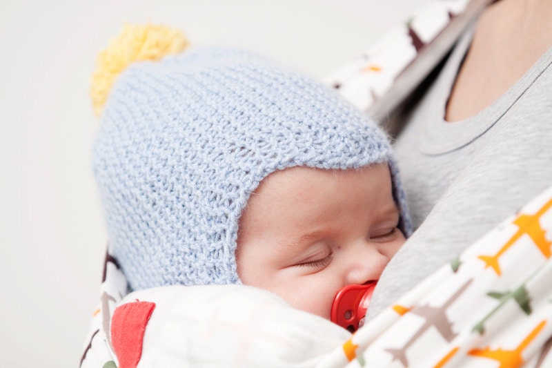Baby pilot hat hand knitted baby girl boy pom pom hat light blue