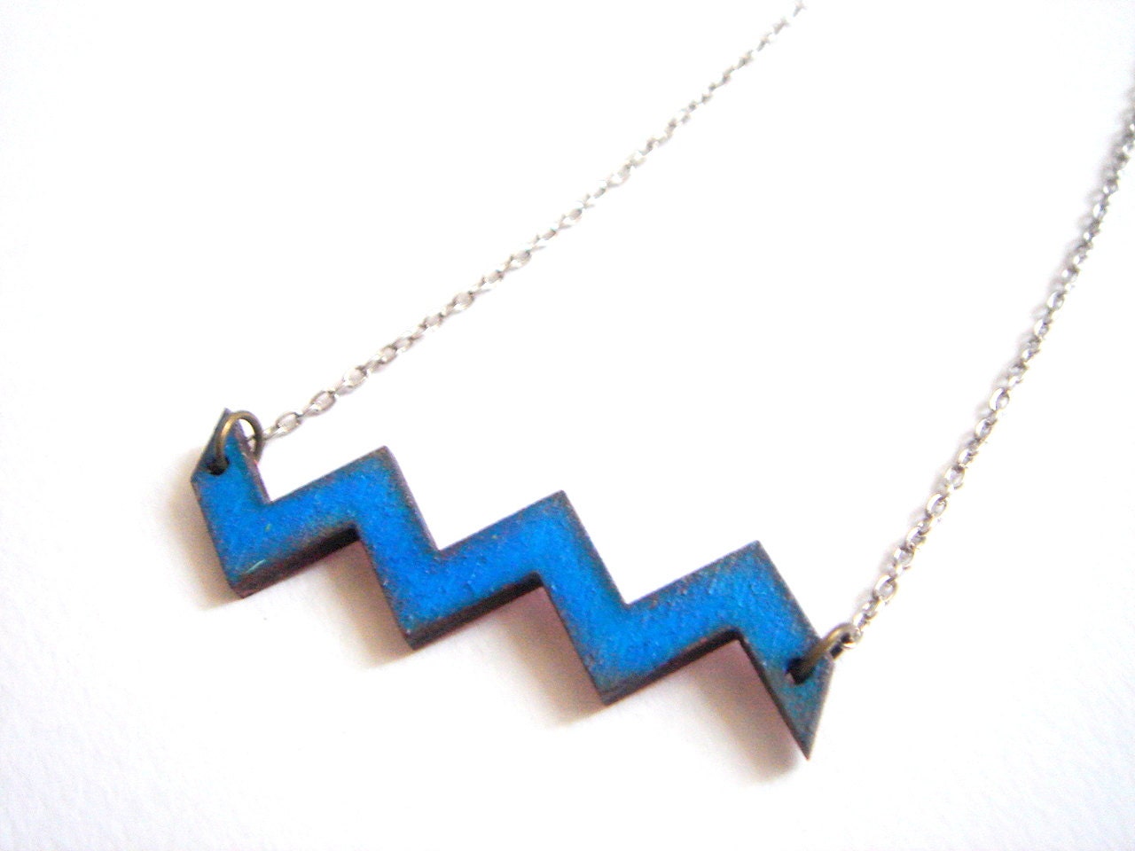Cobalt Blue Chevron  Necklace, Wood Geometric Necklace,Zig Zag Necklace,Geometric Jewelry