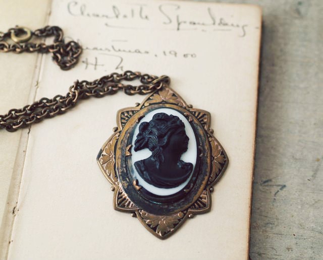 Victorian Milk Glass Cameo Mourning Necklace, Victorian Silhouette Statement Necklace