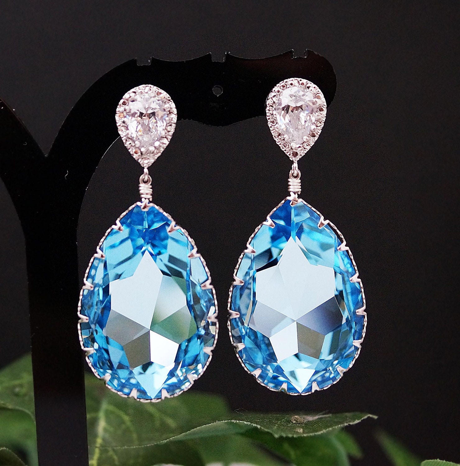 Wedding Bridal Jewelry Bridal Earrings Bridesmaid Earrings Cubic zirconia earrings with (HUGE) Aquamarine Tear Drop Swarovski Crystal