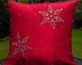 Red Snowflake Christmas Throw Pillow Cover - 16 x 16 Traditional Raw Silk Cushion with Gold Thread Aar Embroidery Indian Style
