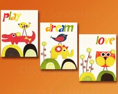 Baby nursery room,Nursery Art Print Set, 8x10,Kids Room Decor, Children Wall Art - Yellow Grey, Red, - Play, Dream, Love - Elephant, Owl