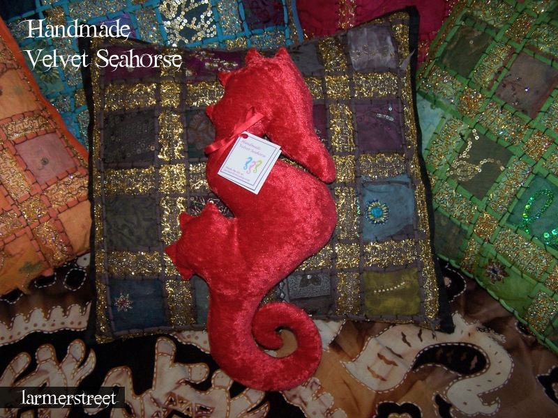 Handmade Velvet Seahorse in luscious RED. Bed and lounge decoration. Safe for Babies & Children.
