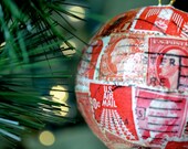 Postage Stamp Ornament, Red Postal Christmas Decoration, Vintage Stamp Holiday Present, Mail Gift