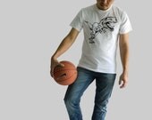 SALE - T Rex Dinosaur- Unisex Adult/ Mens Tshirt- White color- Size / S/ M/ L/ XL-Gift- for him- Modern fit - Hand Screen Printed Tee