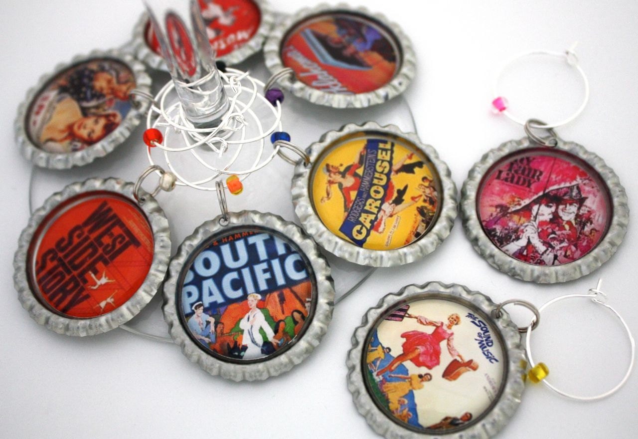 Wine glass charms Broadway musicals movie party favors  drink tags.