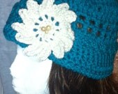 Turquoise Blue Crocheted Hat with Detachable Beaded Flower
