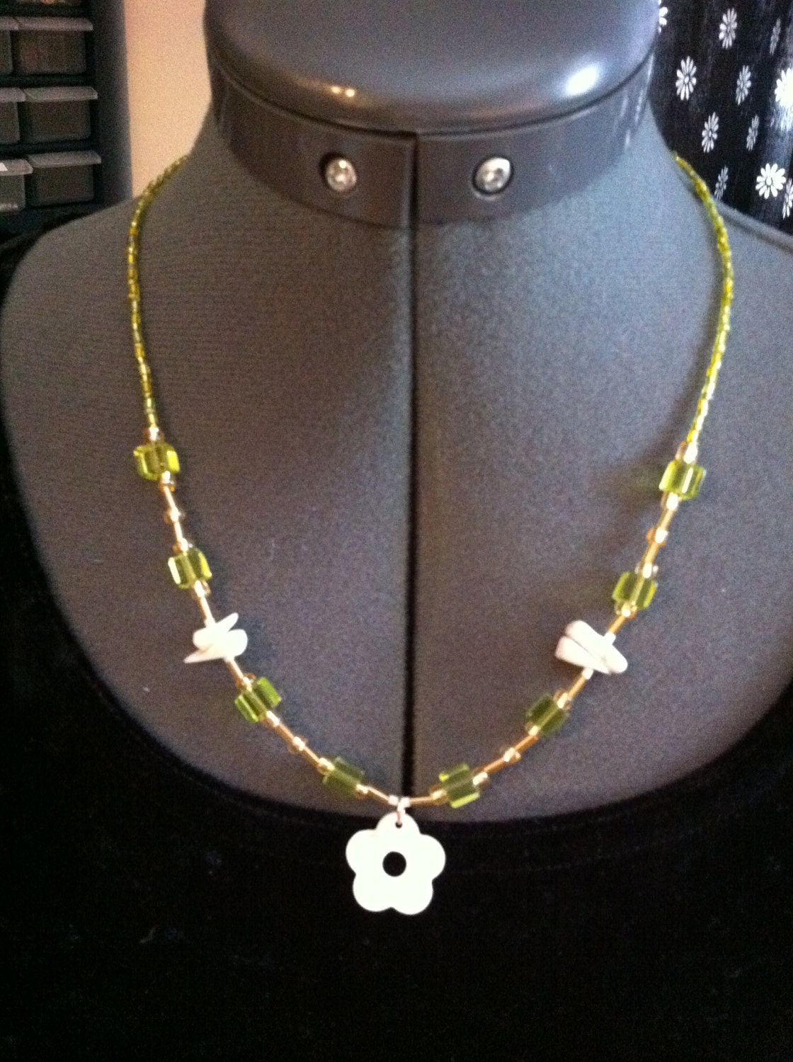 Peridot and Mother of Pearl Necklace with Flower