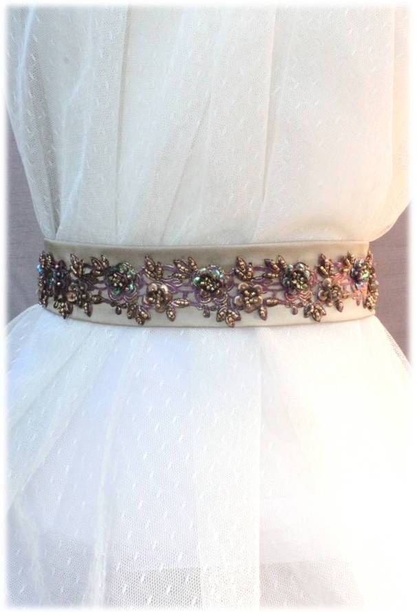 Iridescent Lavender & Gold Indian Wedding Gem Beaded Satin Sash, Bridal Sequins Belt - Sonu Belt